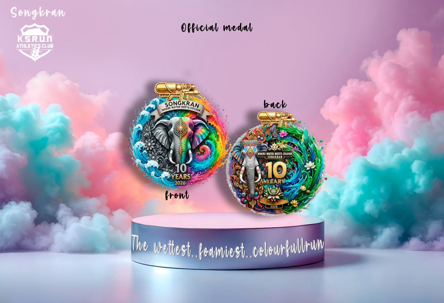 Front and back of the official Songkran Run 2026 tenth-anniversary medal