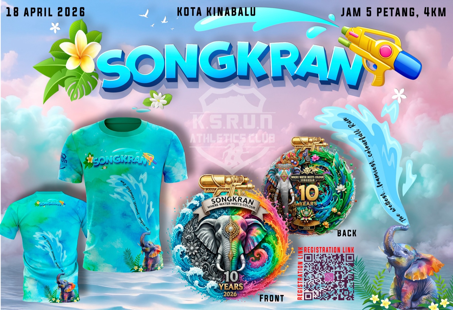 Official Songkran Run 2026 poster showing the event tee and tenth-anniversary medal